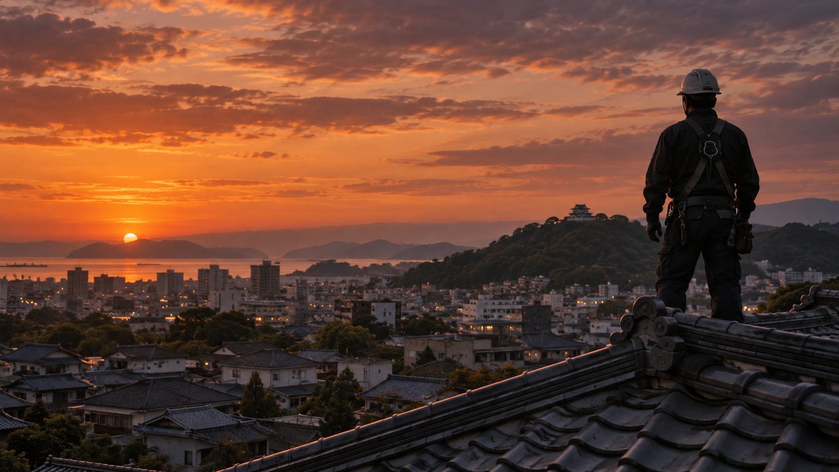 ヤモリの夕暮れと屋根の上の職人のトップ画像